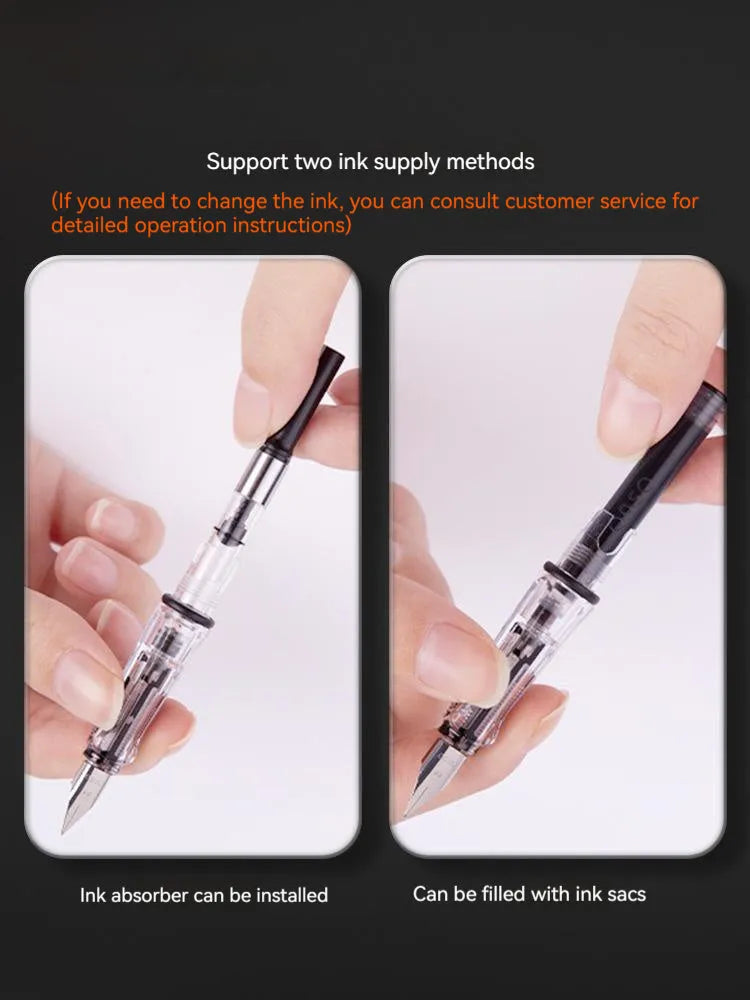Automatic suction pen set with plastic body, two nib sizes, ink feeder, and handbag for students and office.
