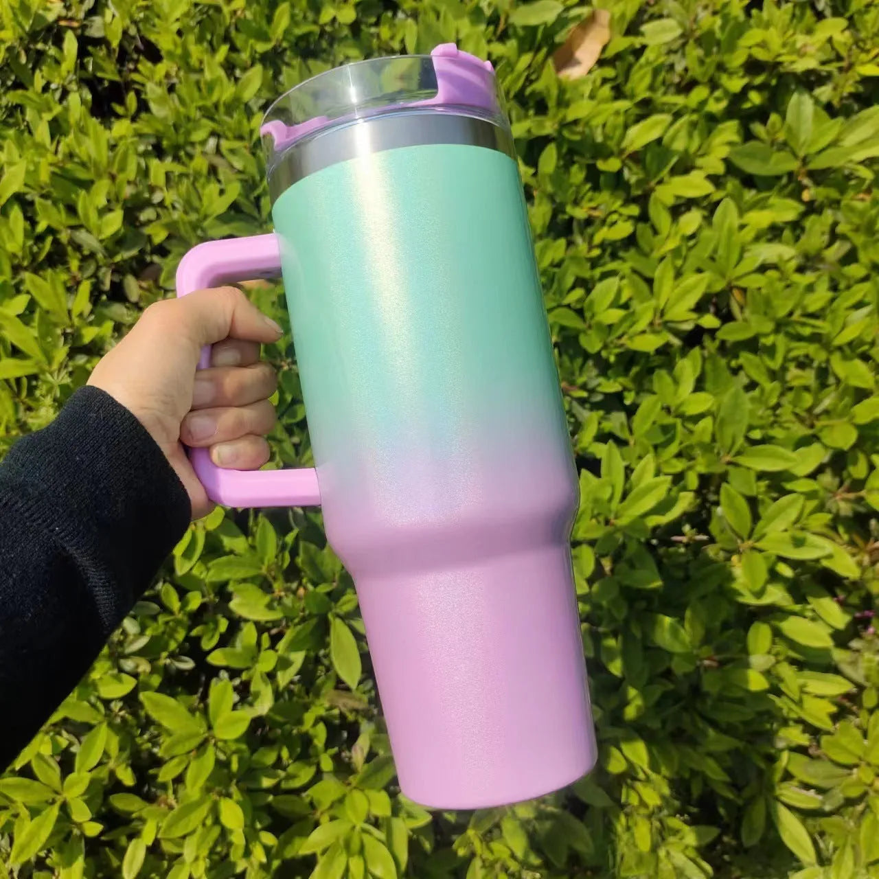 Large stainless steel vacuum insulation cup with rainbow gradient colours showing 27.5cm height