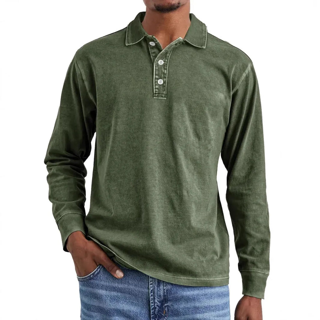 Men's retro washed distressed pure cotton long sleeve polo shirt with lapel collar in army green