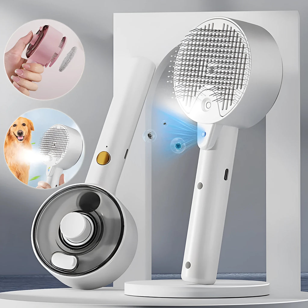 Ceramic white rechargeable pet grooming brush with UVC light, essential oil tank, and soft needles for dogs and cats