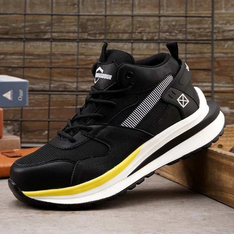 Black steel toe cap safety work boots with lace-up front and rubber anti-penetration sole