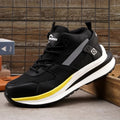 Black steel toe cap safety work boots with lace-up front and rubber anti-penetration sole
