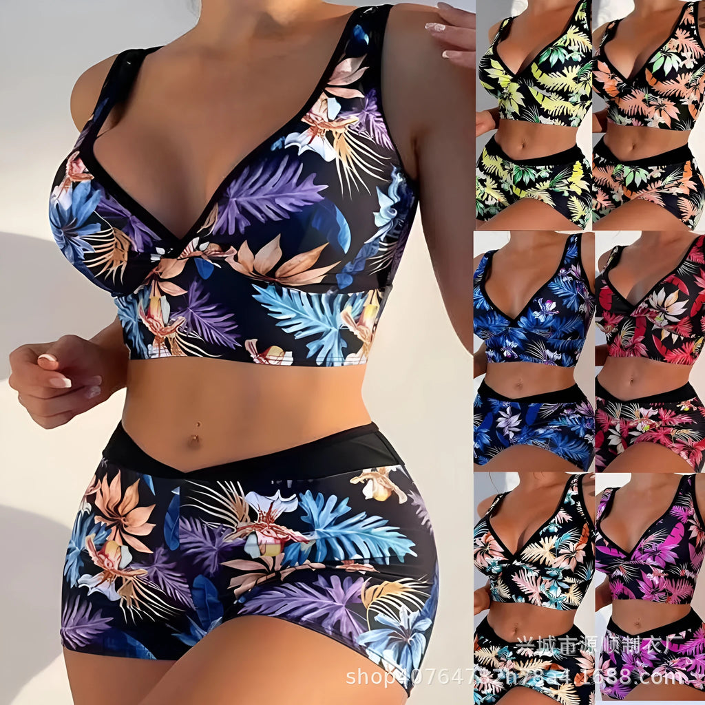 Women's two-piece swimsuit with printed boxer bottoms in floral pattern