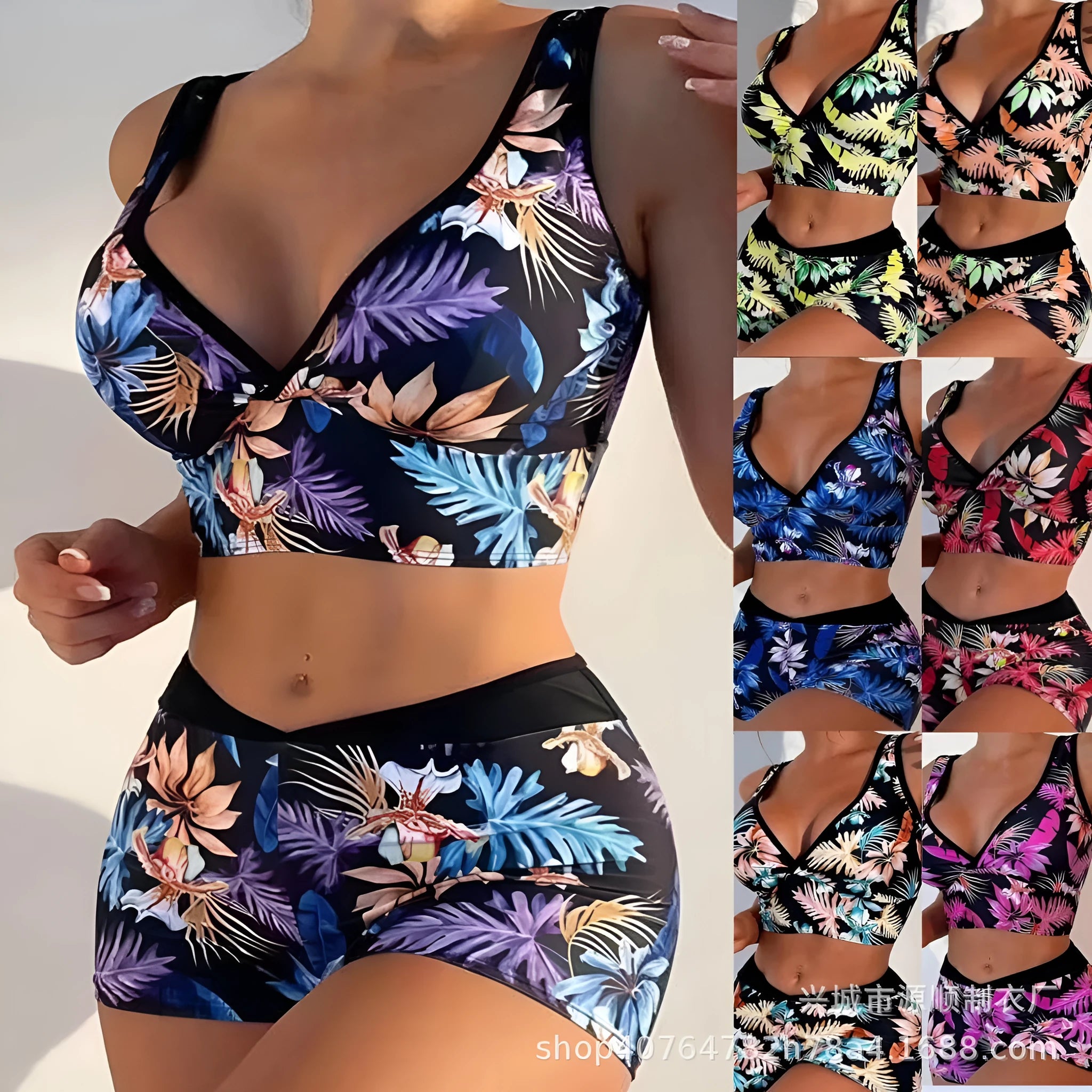 Women's two-piece swimsuit with printed boxer bottoms in floral pattern