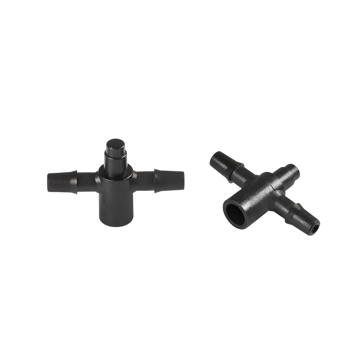 White polyethylene tee water distribution joint connector for irrigation systems.