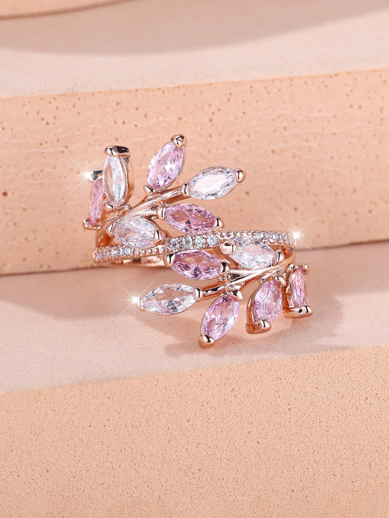 Adjustable copper leaf ring with zircon accents in multiple colour finishes including platinum white and rose gold