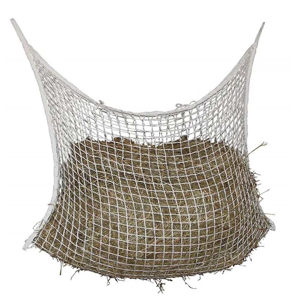 Woven grid hanging feeding bag for horses and livestock in black or white PE rope construction