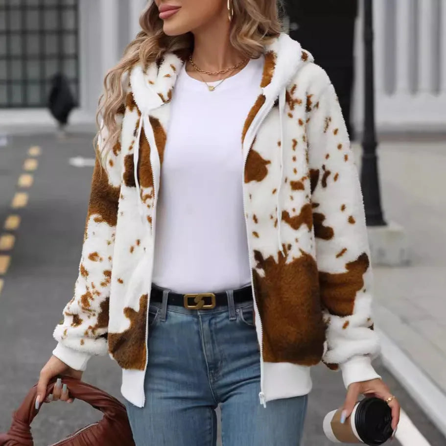 Yellow brown cow animal print hooded cardigan jacket with zipper front and regular sleeves
