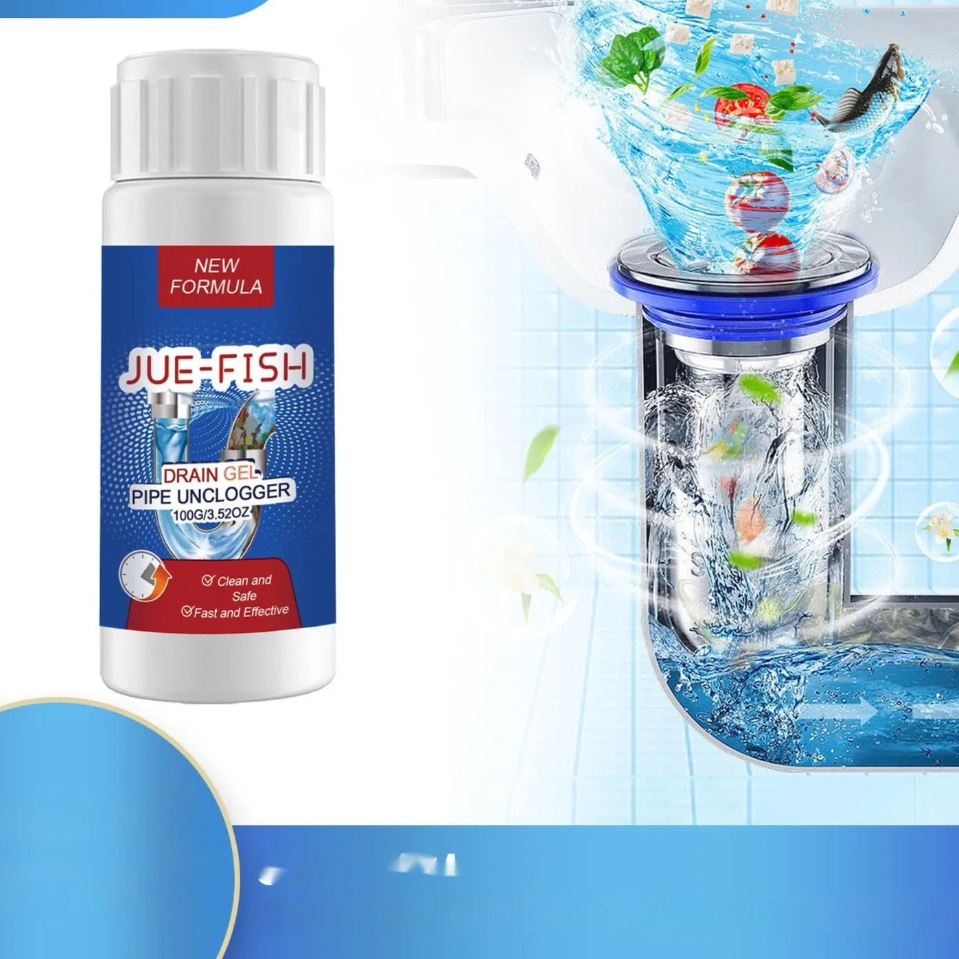 100g pipe dredge agent for sewer and toilet cleaning in 11 x 4.3 x 4.3 cm packaging