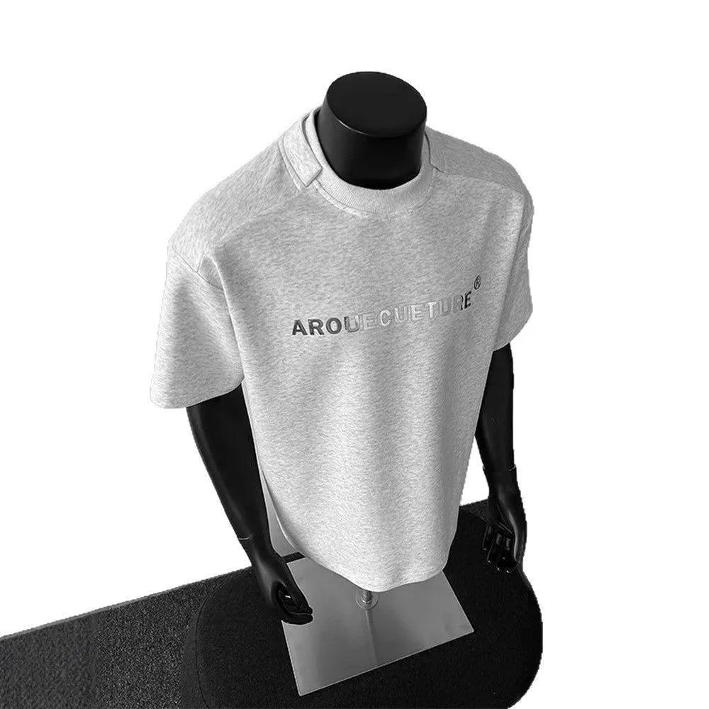 Men's white cotton t-shirt with black printed letters design, loose fit short sleeve pullover style