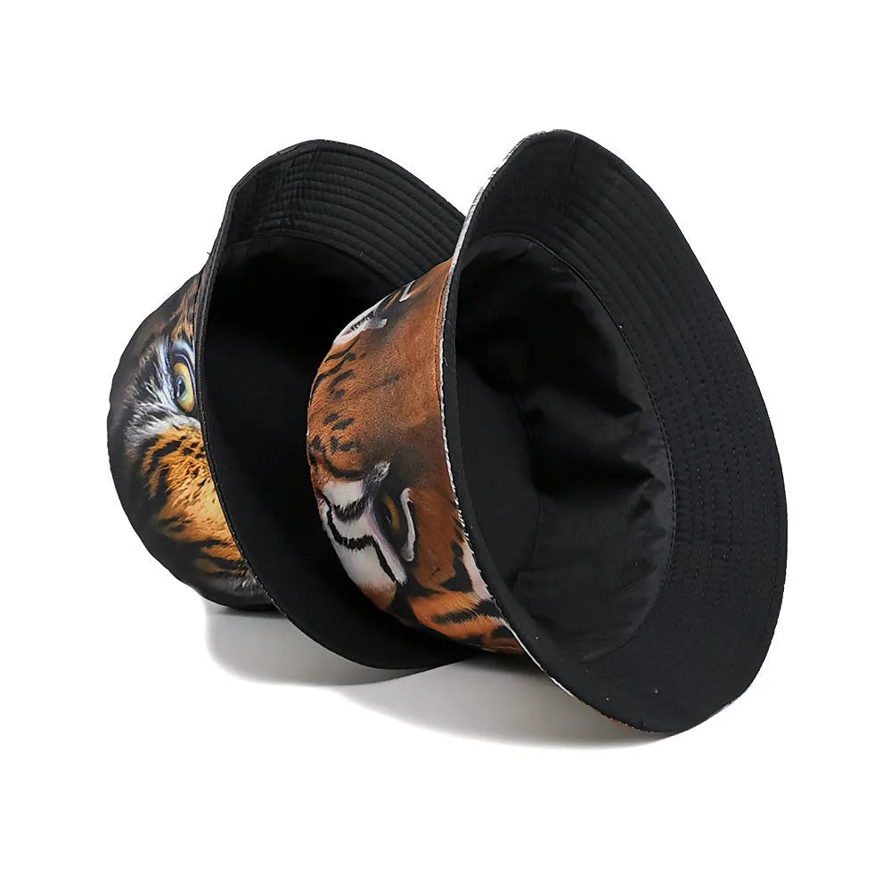 Tiger pattern bucket hat with dome crown in polyester fabric, khaki or black colour options