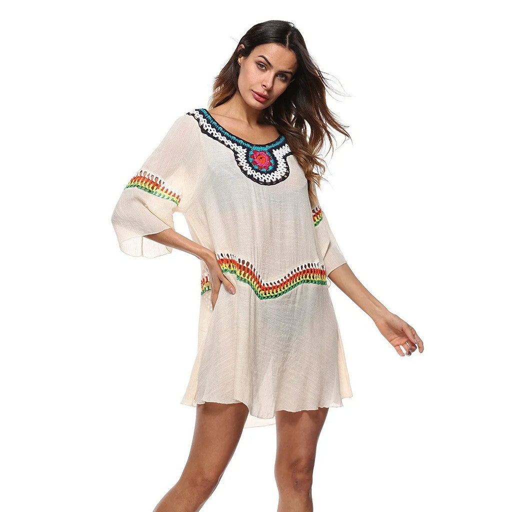 Woman's ethnic crochet beach cover-up top in apricot colour, free size, for sun protection.