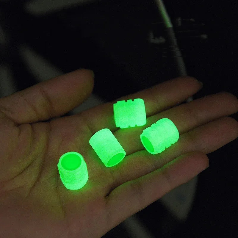 Car luminous valve cap set showing rubber construction and luminous nozzles