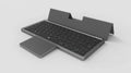 Black and grey hardcover wireless Bluetooth keyboard with integrated touch pad and stand for iPad and mobile phones.