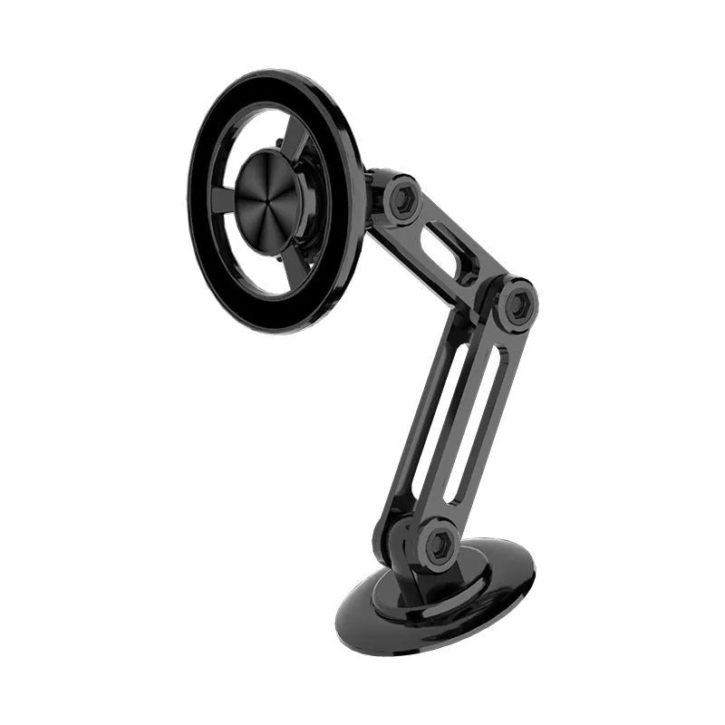 All-metal magnetic car phone holder mounted on dashboard with phone attached, showing 360-degree rotation capability