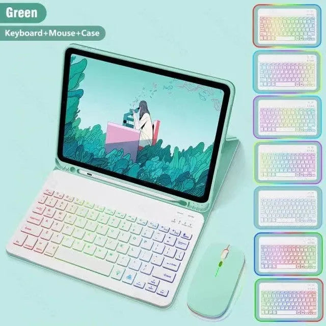 Colourful iPad protective case with luminous RGB backlit Bluetooth keyboard and mouse on a desk
