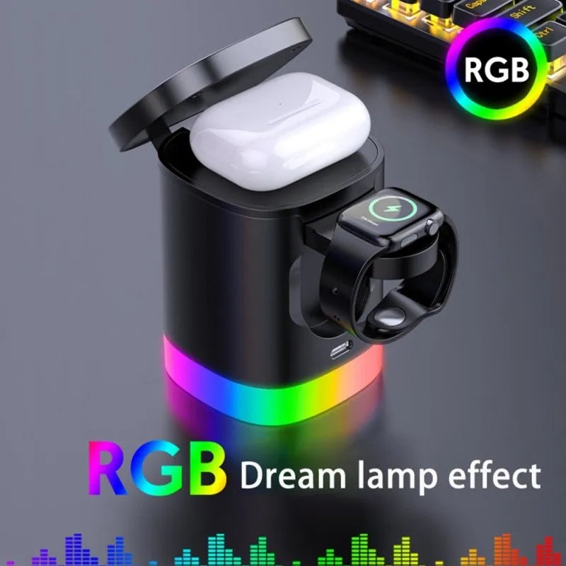 3 in 1 magnetic wireless fast charger cube with RGB ambient light, foldable design, black or white, USB outlet.
