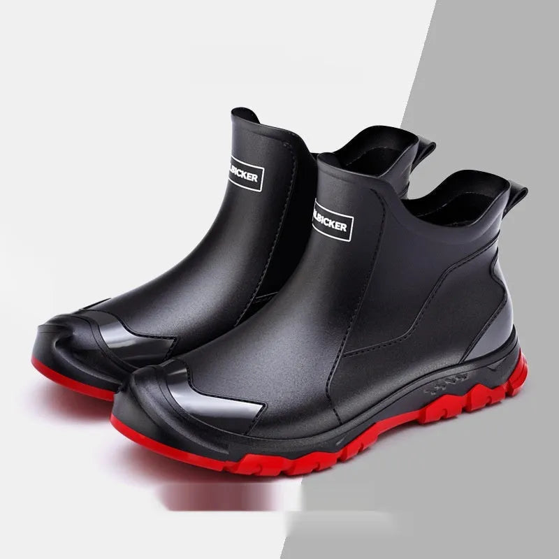 Short tube PVC wading shoe with round toe and non-slip plastic sole on a wet surface.