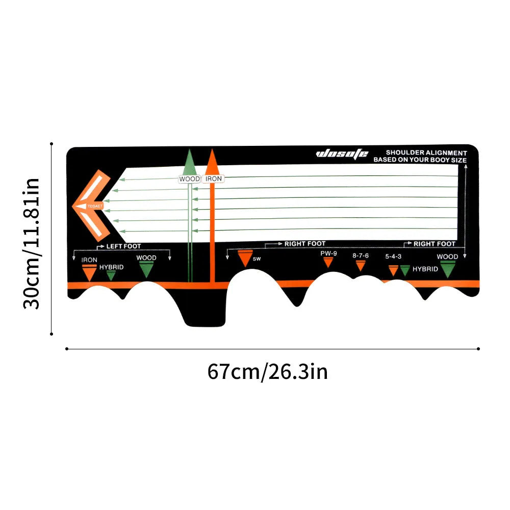 Black neoprene golf swing standing posture auxiliary pad measuring 22.5cm x 10cm for correcting stance and alignment