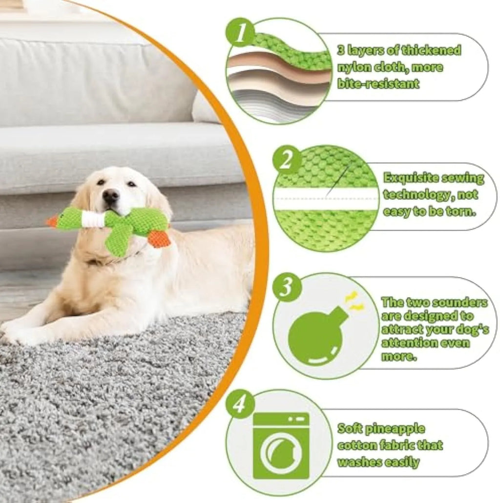 Blue, green or grey duck-shaped dog plush toy with squeakers, measuring 33 cm