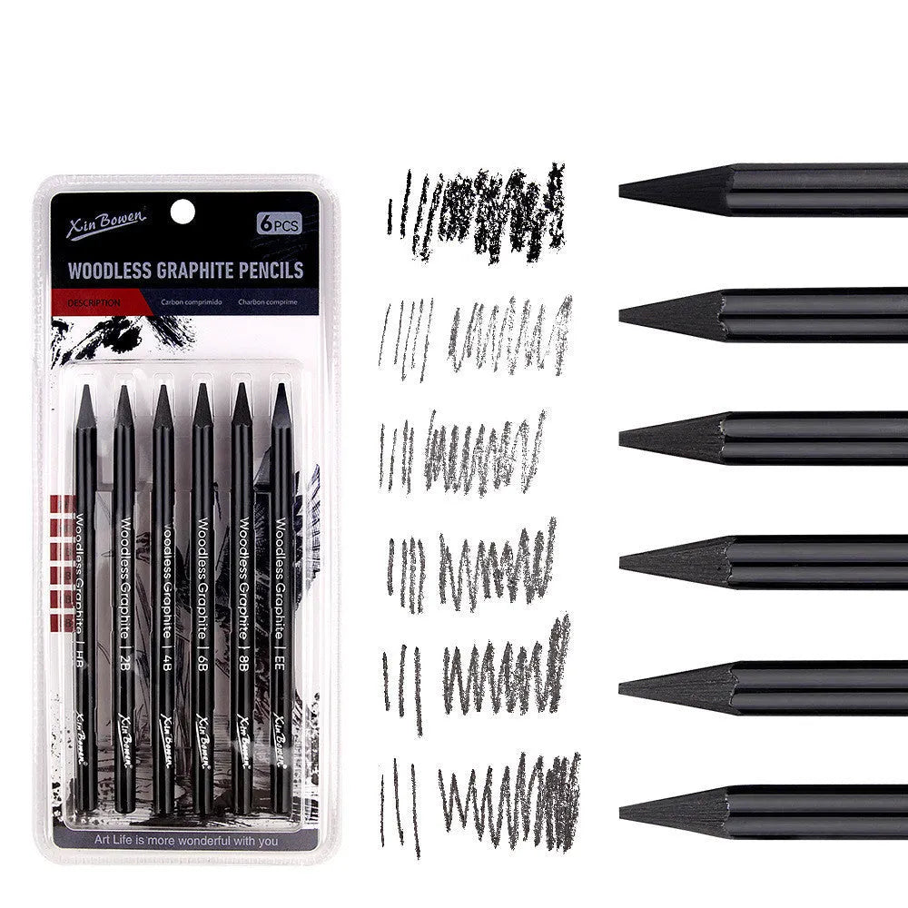 Set of wood-free graphite sketching pencils showing six different hardness grades including HB 2B 4B 6B 8B and EE