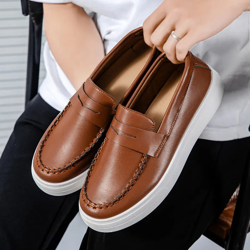 Men's casual slip-on loafers in artificial PU with round toe, shown in white, black and white, and khaki.
