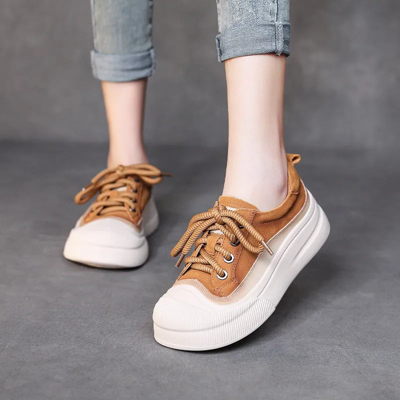 Women's round toe lace-up casual shoes in yellow leather with a rubber sole
