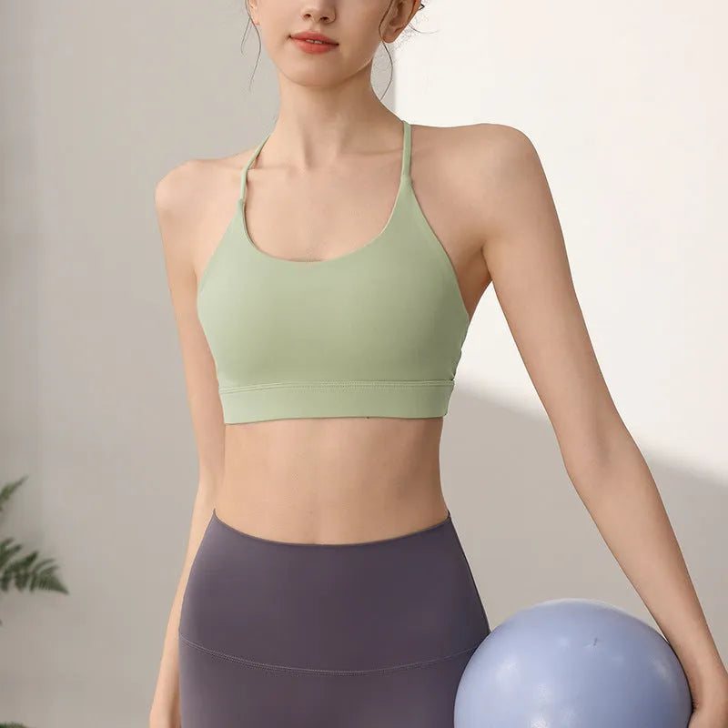 Women's nylon sports vest with fixed double-shoulder straps in multiple colours.