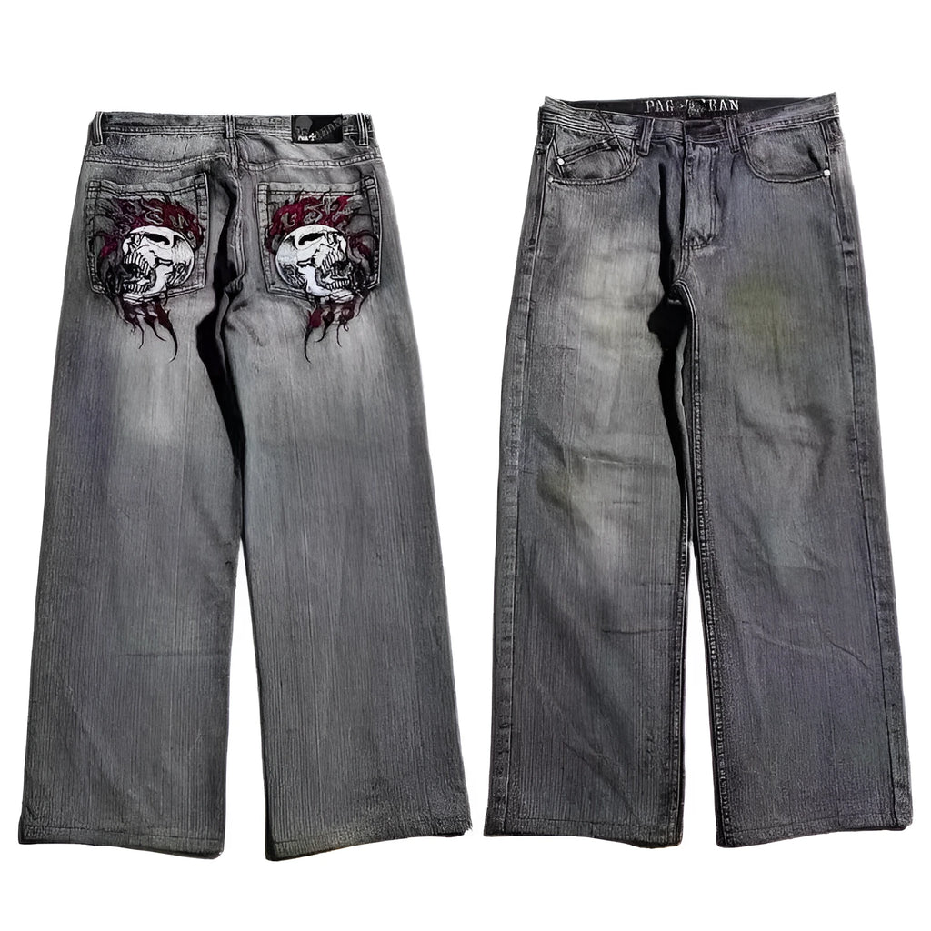 Men's grey wide-leg jeans with straight cut and retro washed-out denim finish