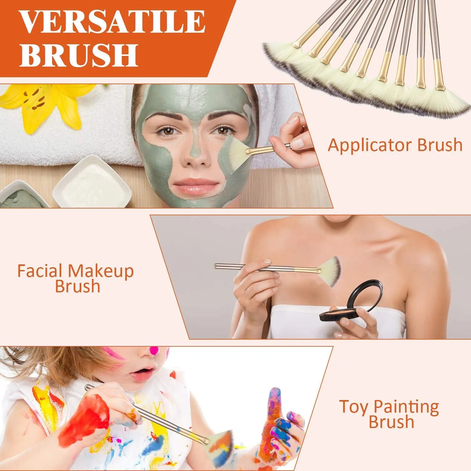 10 professional facial fan brushes with champagne finish and acrylic handles for cosmetic application