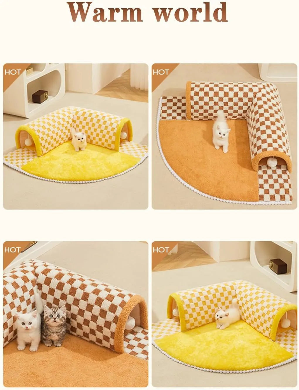 Brown plaid cat tunnel bed with central mat showing non-slip bottom and tunnel opening