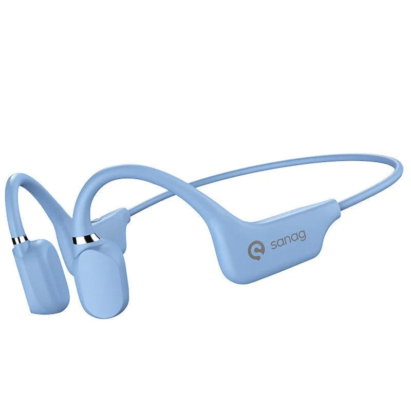 Wireless bone conduction Bluetooth headset in neckband style, shown in various colours including China Red and Mint Green.