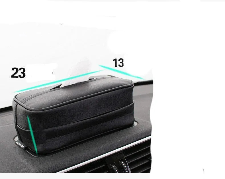 Black PU leather hanging storage box with carrying handle for car and home organisation