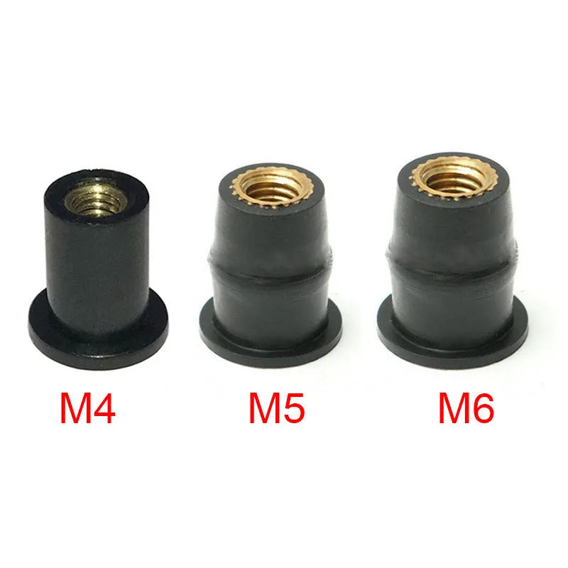 Black rubber and brass well nut riveting fasteners for motorcycle windshields in M4, M5, and M6 sizes