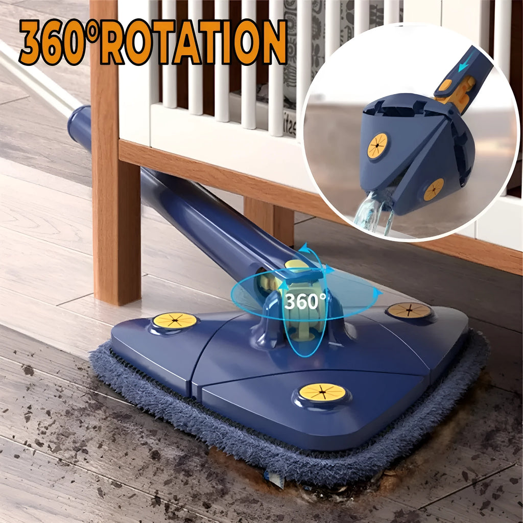Blue extendable triangle cleaning mop with 360-degree rotating head on a stainless steel pole.