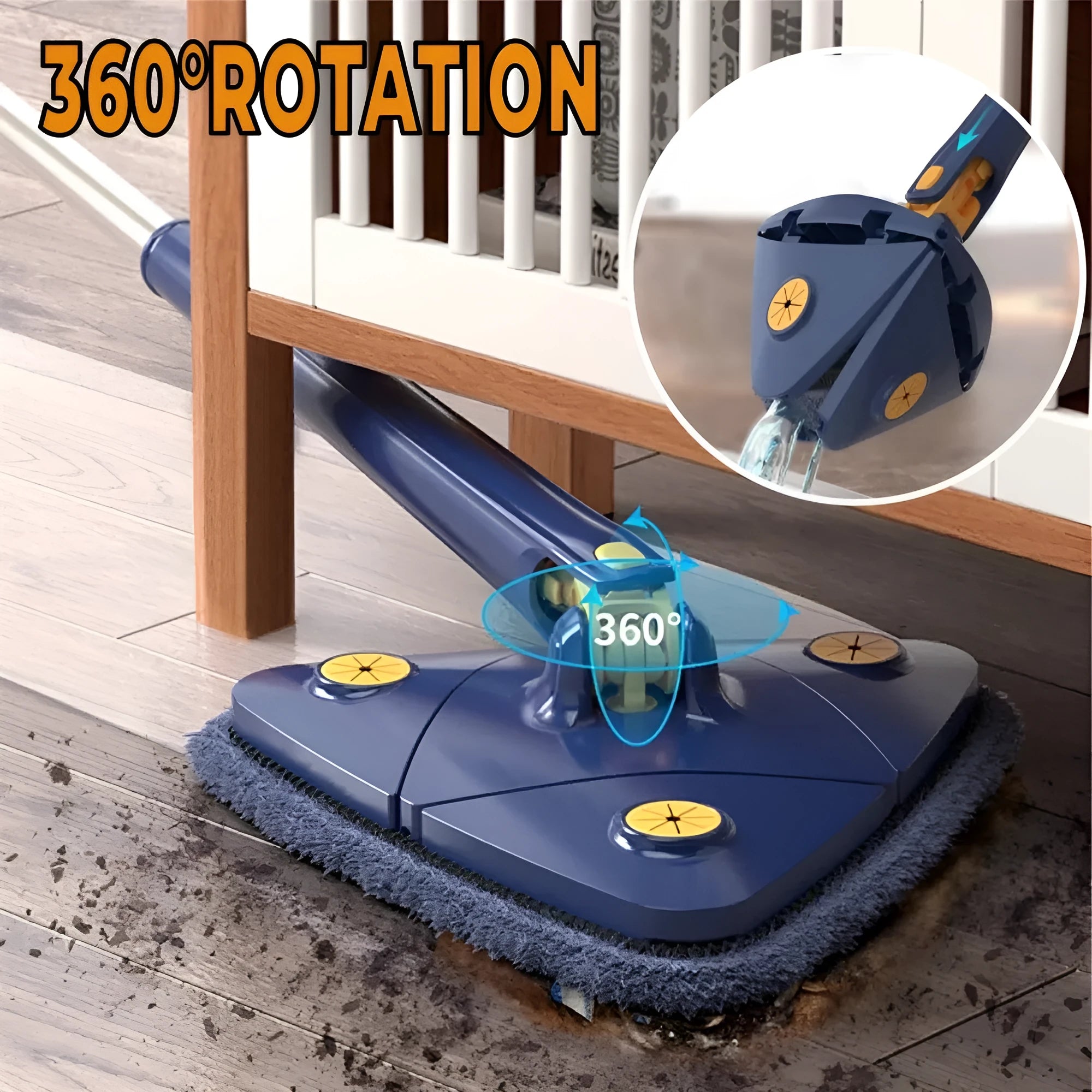 Blue extendable triangle cleaning mop with 360-degree rotating head on a stainless steel pole.