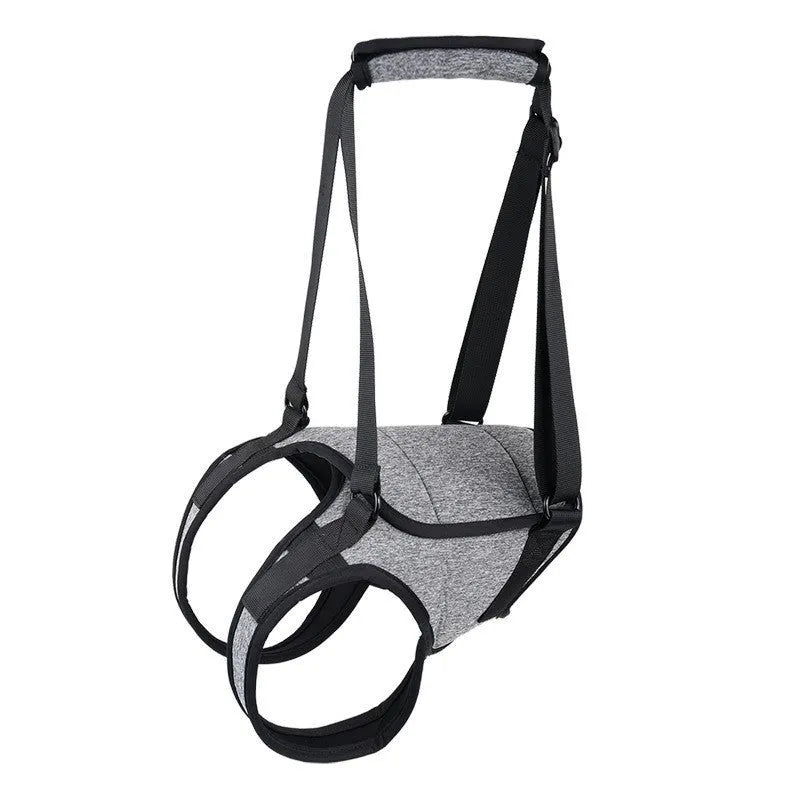 Grey neoprene dog hind leg recovery support belt with adjustable waist and thigh straps