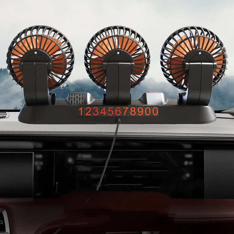 Three-head black automotive electric cooling fan with extended cable for vehicle dashboard use