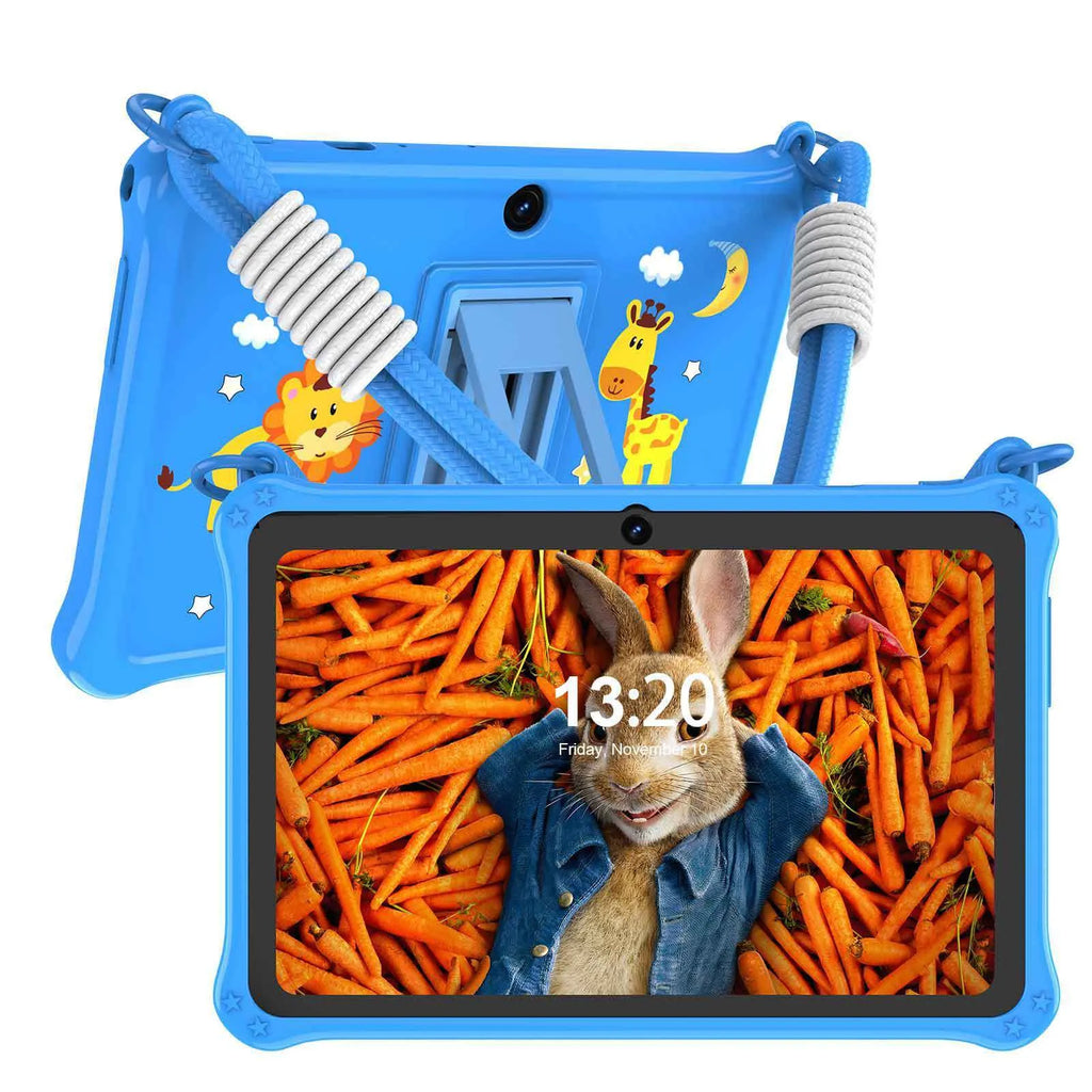 Sapphire blue silicone protective case for 7-inch children's tablet with flat carrying strap