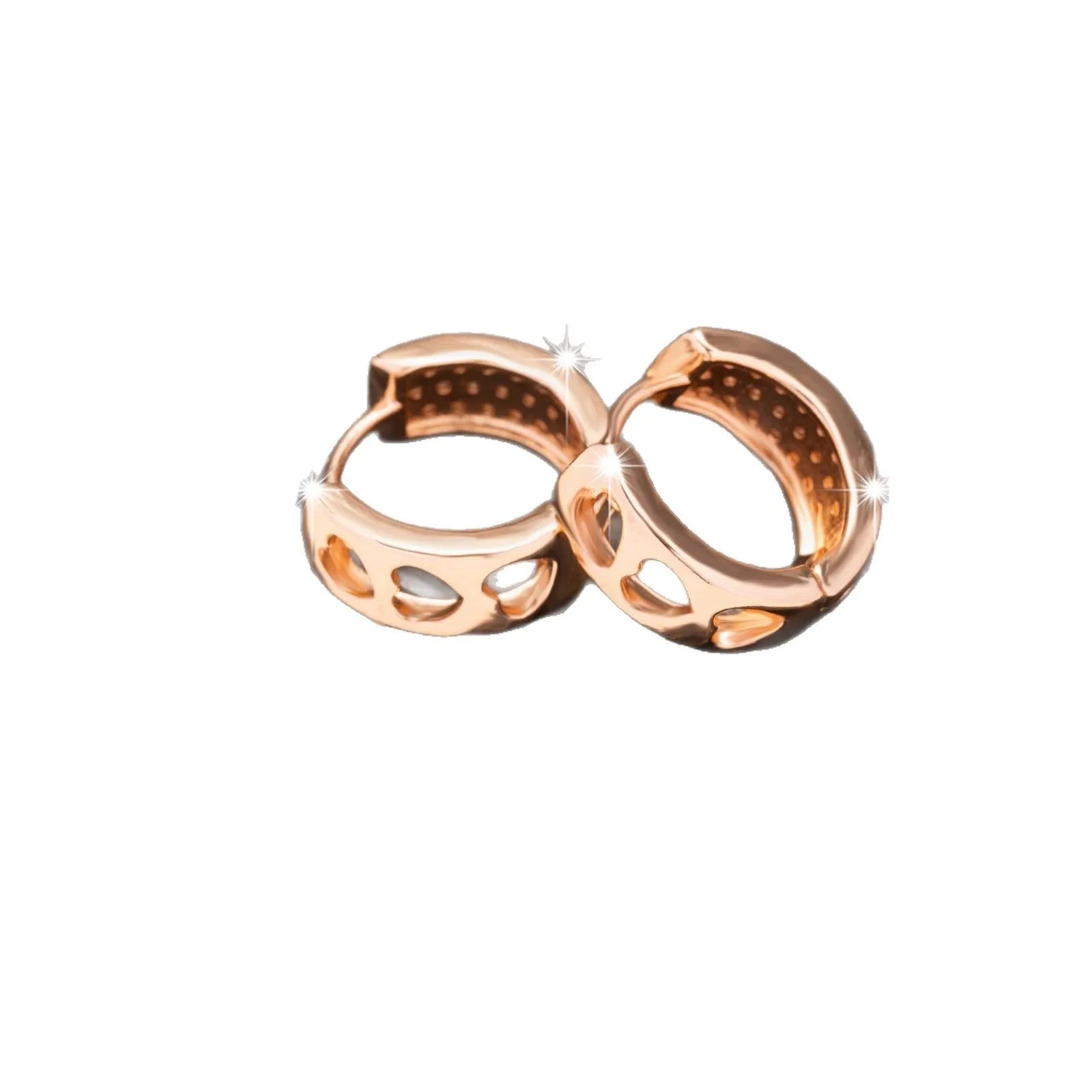 Rose gold electroplated earrings with hollow three-heart design in circular shape