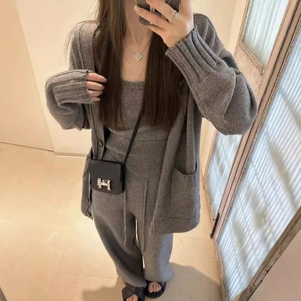 Women's knit cardigan vest trousers three-piece set in neutral colour wool blend fabric