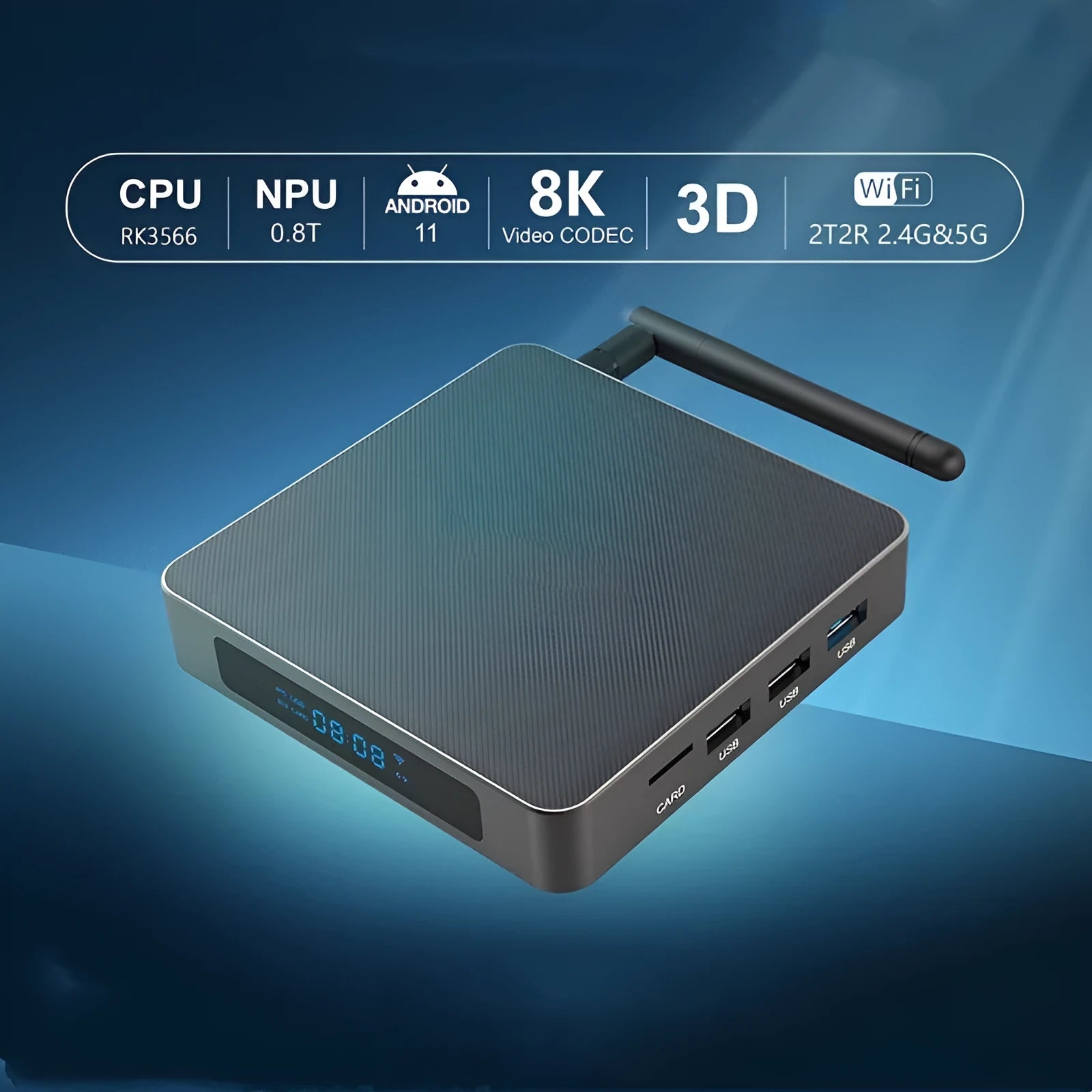 Bluetooth Android set-top box with 8K output support and compact 105mm square design