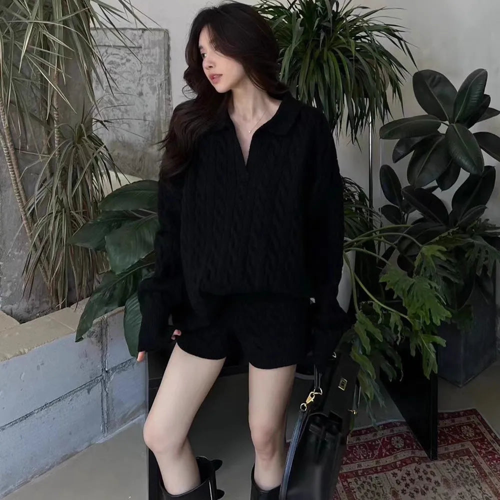 Women's geometric cable knit suit set with elastic waist shorts and long sleeve top in acrylic fabric