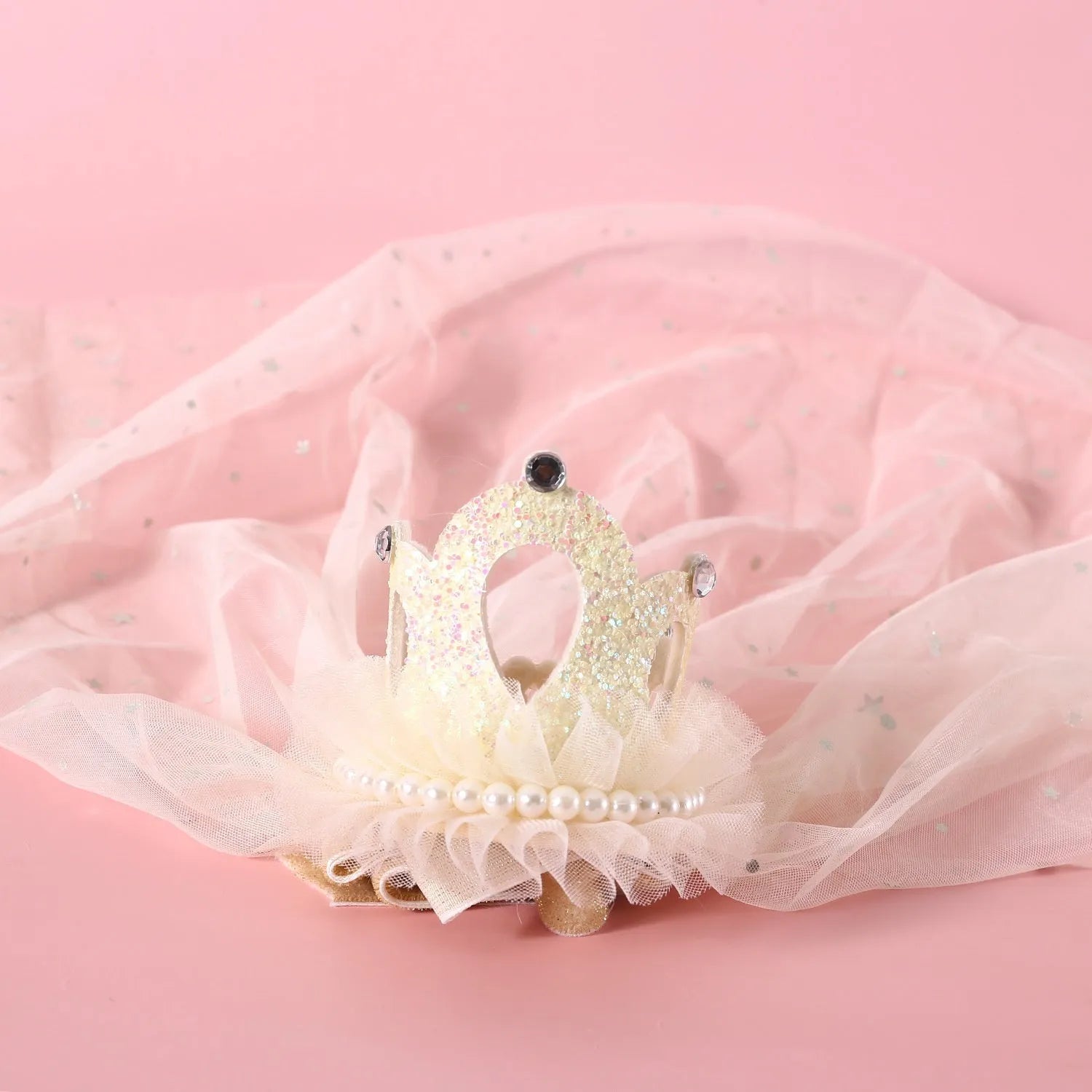Pet wedding princess crown headdress with adjustable tie in cotton-polyester blend