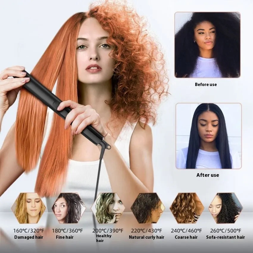 Hair straightener with negative ion technology and temperature display showing 207°C