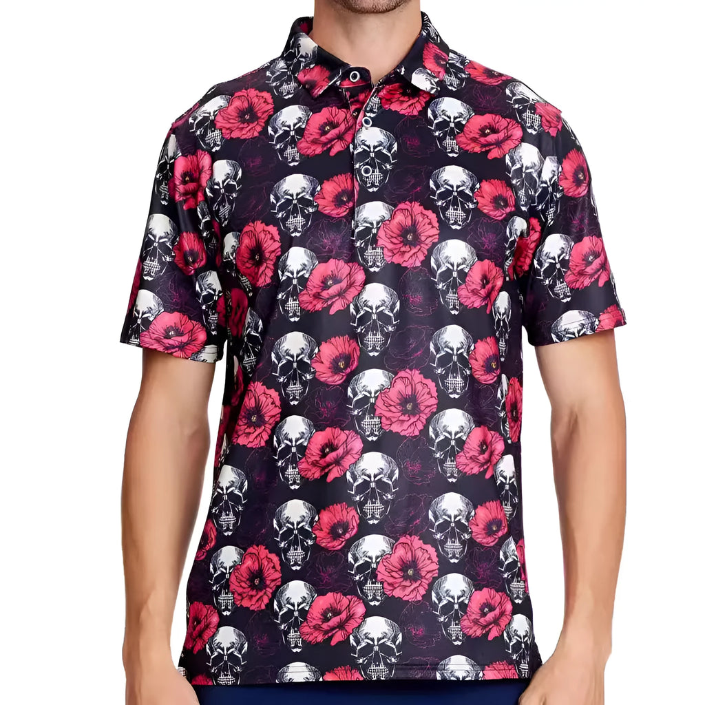 Men's 3D printed short sleeve t-shirt with graphic pattern and zip decoration on a mannequin.