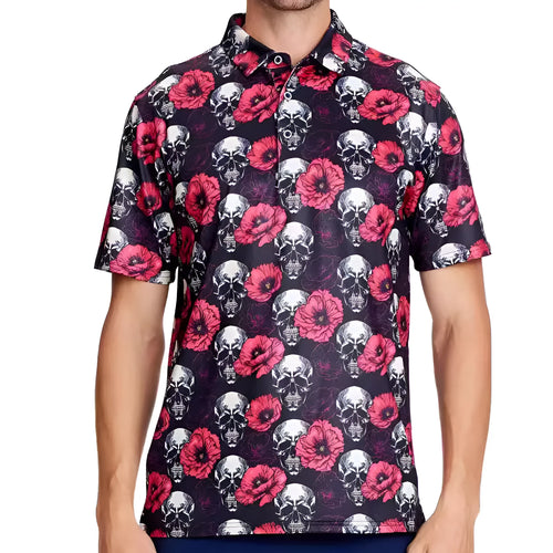 Men's 3D printed short sleeve t-shirt with graphic pattern and zip decoration on a mannequin.