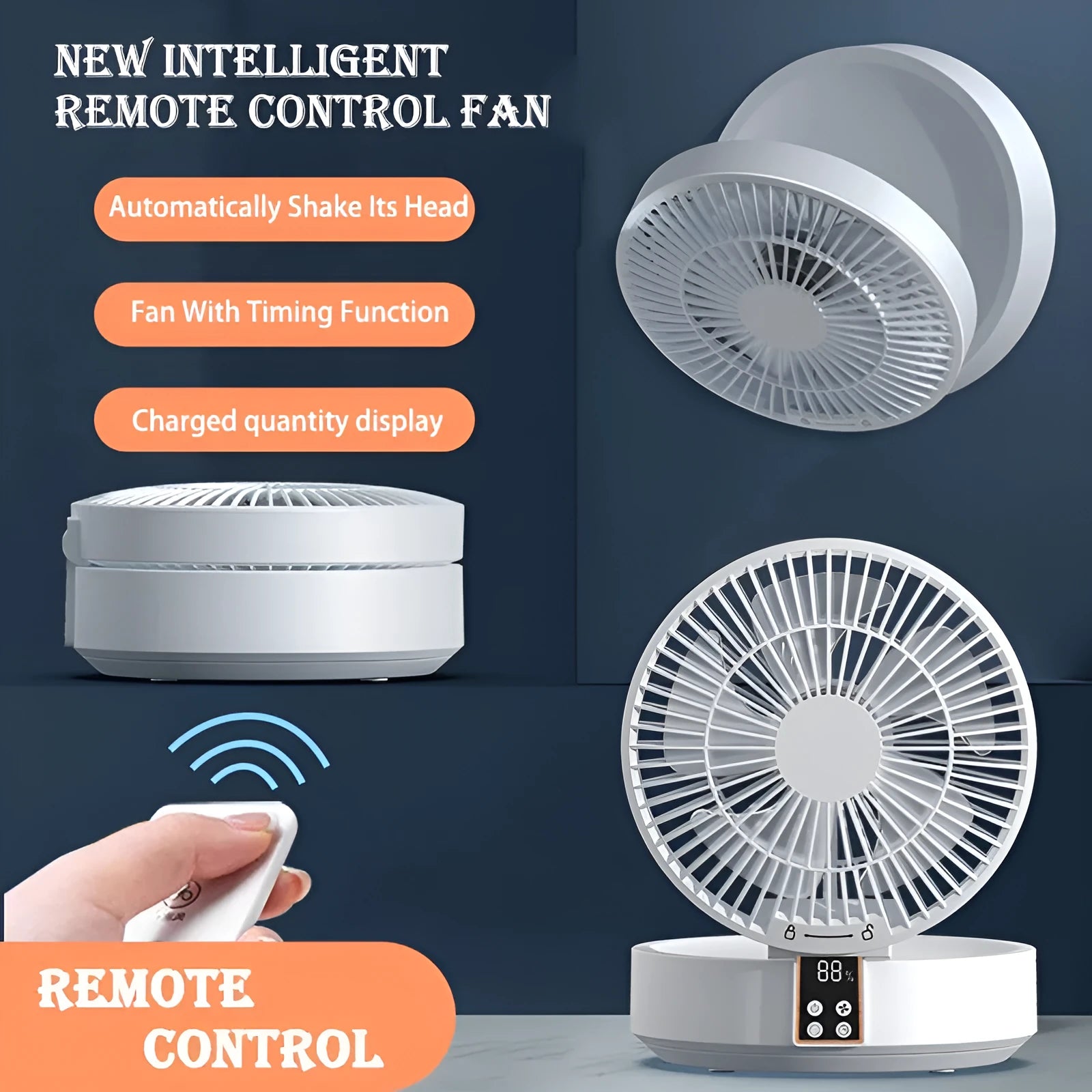 Portable rechargeable folding fan with remote control and night light in white blue or green colours