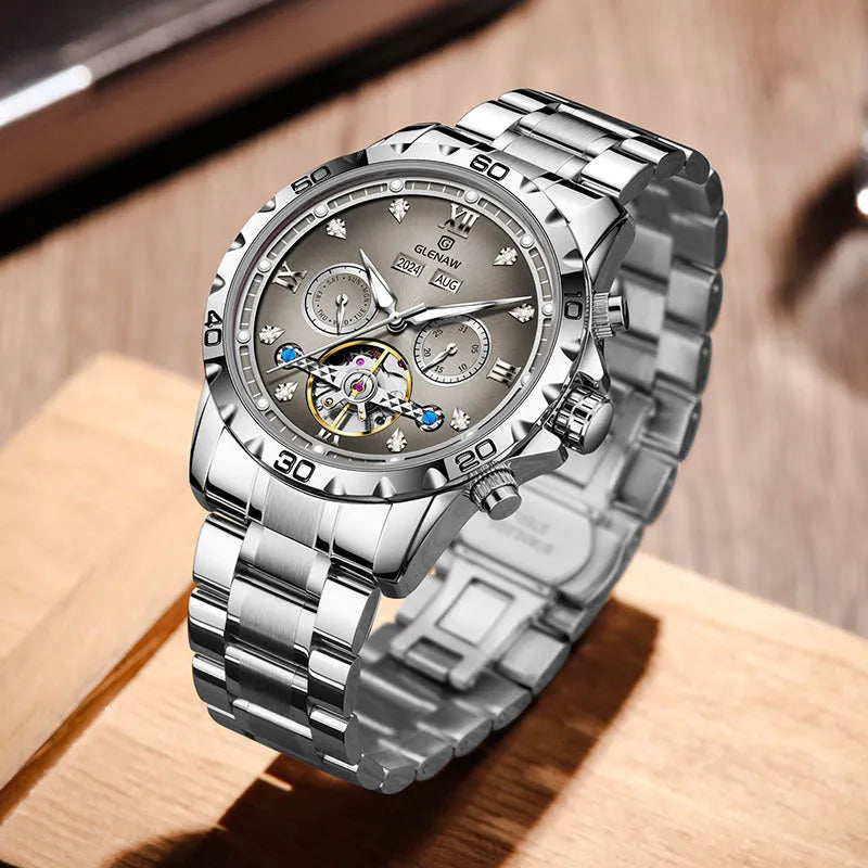 Men's automatic mechanical watch with stainless steel strap and mineral glass face