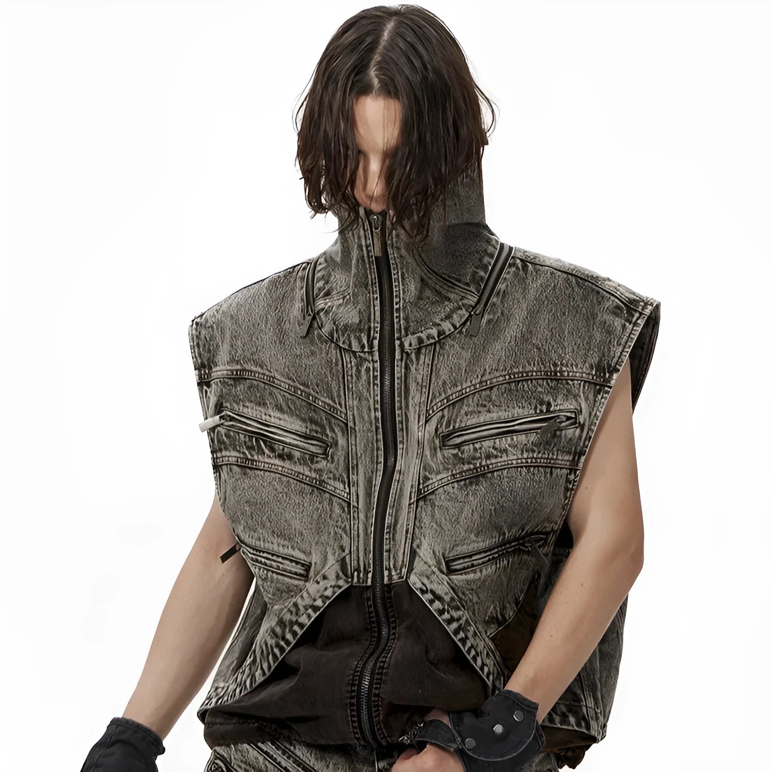 Men's splicing denim vest jacket with front zipper and sleeveless camisole design